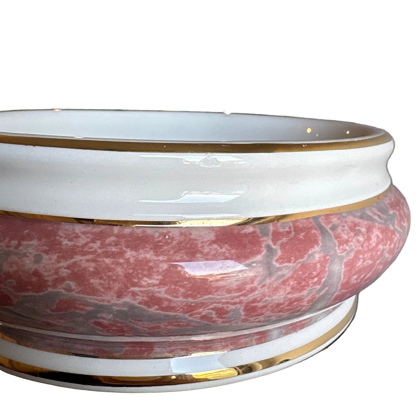 Castelli Italy Ceramic Ashtray / Catchall Centerpiece Bowl – Pink Marble Effect with Gold Rim