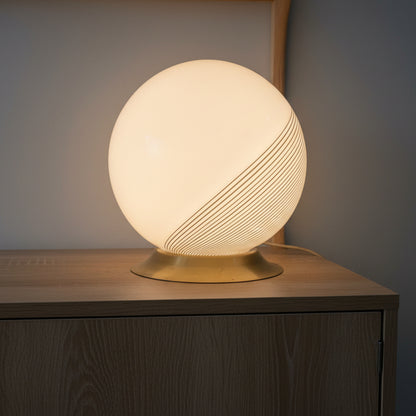 Italian Modernist Spiral Glass Table Lamp – Opaline Globe & Brass Base, Venini style, late 1960s–1970s