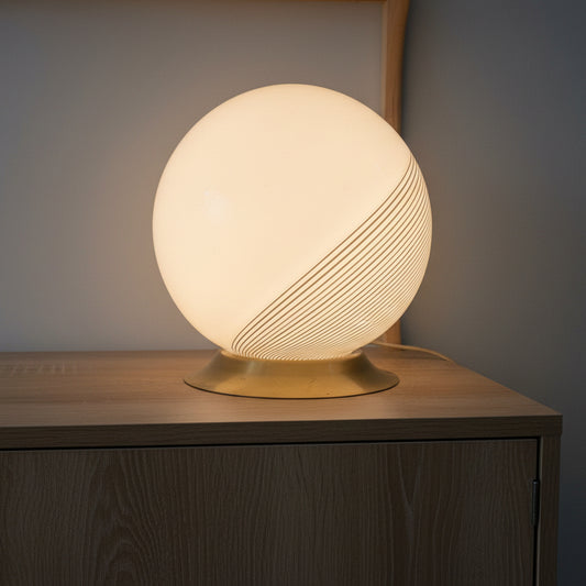 Italian Modernist Spiral Glass Table Lamp – Opaline Globe & Brass Base, Venini style, late 1960s–1970s