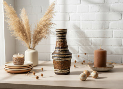 Brown & Cream Scheurich Ceramic Vase – West Germany 209-18 – Textured Fat Lava Glaze, 1970s