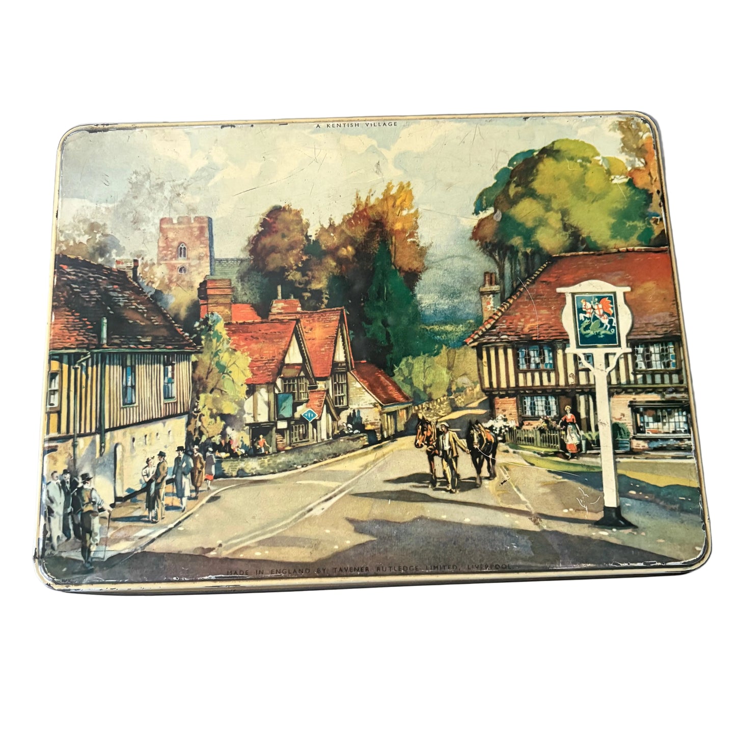 1940s-50s Taveners Rutledge Tin Box – English Countryside Illustration