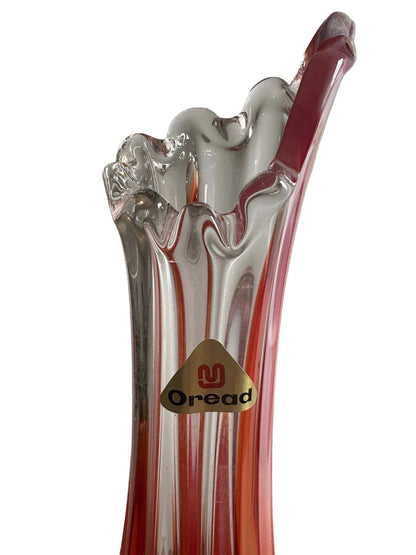 1970s Oread Red & Clear Art Glass Finger Vase — Sculptural Murano Style
