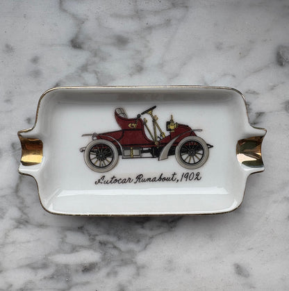 Mid-Century Porcelain Automobile Ashtray Set – 5 Pieces Gold Trim