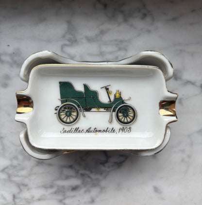 Mid-Century Porcelain Automobile Ashtray Set – 5 Pieces Gold Trim