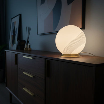 Italian Modernist Spiral Glass Table Lamp – Opaline Globe & Brass Base, Venini style, late 1960s–1970s