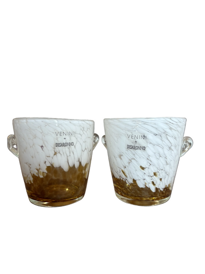 Set of 2 Venini × Disaronno Murano Glass Ice Buckets – White & Amber Confetti, 1980s