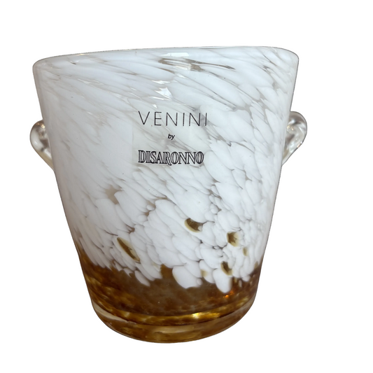 Set of 2 Venini × Disaronno Murano Glass Ice Buckets – White & Amber Confetti, 1980s