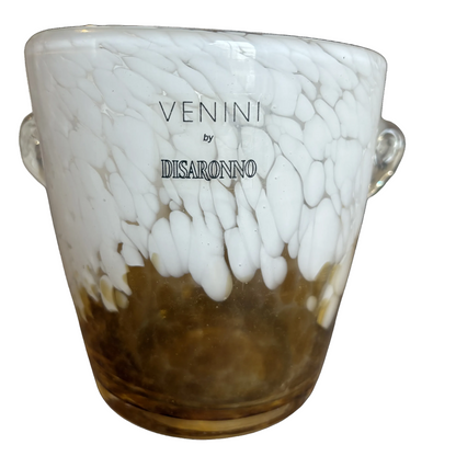 Set of 2 Venini × Disaronno Murano Glass Ice Buckets – White & Amber Confetti, 1980s