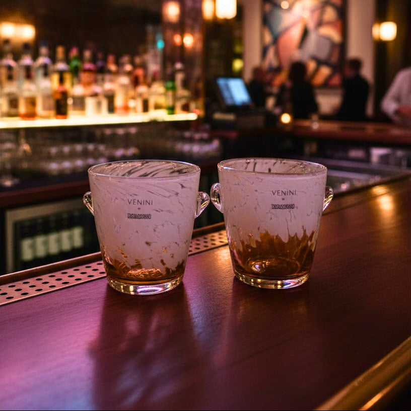 Set of 2 Venini × Disaronno Murano Glass Ice Buckets – White & Amber Confetti, 1980s