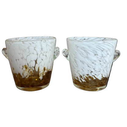 Set of 2 Venini × Disaronno Murano Glass Ice Buckets – White & Amber Confetti, 1980s