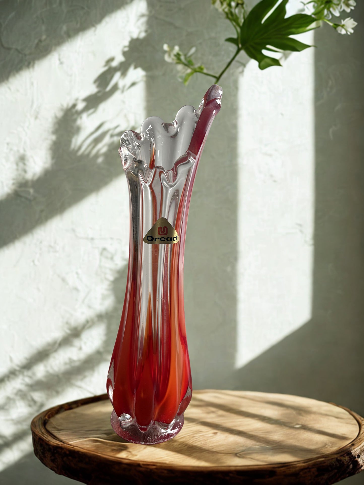 1970s Oread Red & Clear Art Glass Finger Vase — Sculptural Murano Style