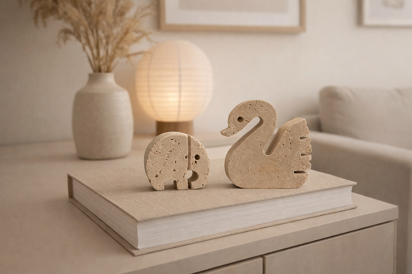 Travertine Animal Sculptures – Swan & Elephant – Attributed to Fratelli Mannelli
