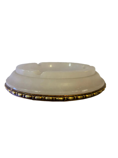1920s Art Deco Alabaster Ashtray with Brass Rim – Sculptural Stone Catchall Tray