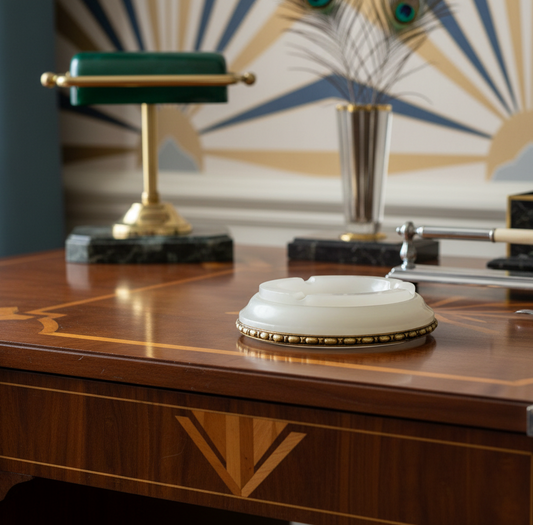 1920s Art Deco Alabaster Ashtray with Brass Rim – Sculptural Stone Catchall Tray