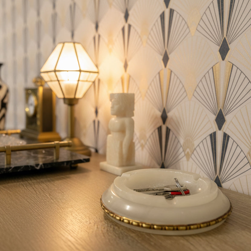 1920s Art Deco Alabaster Ashtray with Brass Rim – Sculptural Stone Catchall Tray